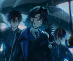 Rule 34 | 1girl, 2boys, absurdres, blood, blood on face, blue eyes, blue necktie, choker, earrings, highres, holding, holding umbrella, hololive, hololive english, jewelry, long hair, long sleeves, looking at viewer, mafia (vocaloid), multiple boys, necktie, ouro kronii, rain, short hair, suoniko, umbrella, virtual youtuber, vocaloid, watch, wristwatch