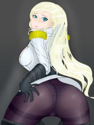 Rule 34 | 1girl, artist request, ass, blonde hair, blue eyes, blush, breasts, clothes pull, embarrassed, from behind, gloves, hand on ass, highres, large breasts, long hair, looking at viewer, magic: the gathering, open mouth, panties, panties under pantyhose, pants, pants pull, pantyhose, solo, thalia guardian of thraben, underwear