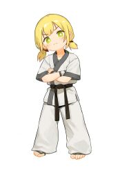 Rule 34 | 1girl, absurdres, barefoot, belt, black belt, black trim, blonde hair, closed mouth, commentary request, crossed arms, dougi, frown, full body, green eyes, highres, kuma-bound, low twintails, martial arts belt, medium hair, original, pants, short twintails, simple background, solo, standing, toes, twintails, v-shaped eyebrows, white background, white pants