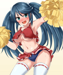 Rule 34 | 1girl, armpits, blue eyes, blue hair, blush, breasts, cheerleader, gradient background, hair between eyes, hair ribbon, highres, isuzu (kancolle), kantai collection, large breasts, long hair, miniskirt, open mouth, pleated skirt, pom pom (cheerleading), ribbon, simple background, skirt, solo, sportswear, sweatdrop, thighhighs, twintails, very long hair, white background, white thighhighs, zanntetu
