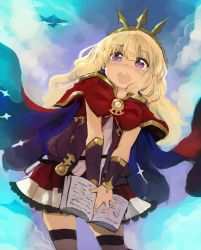 Rule 34 | 10s, 1girl, :d, aircraft, airship, blonde hair, blush, book, cagliostro (granblue fantasy), cape, cloud, granblue fantasy, hairband, highres, holding, holding book, izuoku, long hair, nose blush, open book, open mouth, purple eyes, skirt, sky, smile, solo, sparkle, spikes, vial