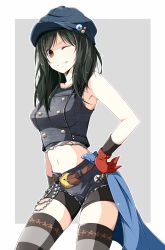 Rule 34 | 1girl, belt chain, bike shorts, bike shorts under shorts, black hair, blue sash, cabbie hat, crescent belt buckle, denim, denim shirt, denim shorts, final fantasy, final fantasy vii, final fantasy vii remake, gloves, hand on own hip, hat, highres, kyrie canaan, looking at viewer, nanao (zonzonsh), navel, red gloves, sash, shorts, smile, solo, square enix, stomach, striped clothes, striped thighhighs, thighhighs