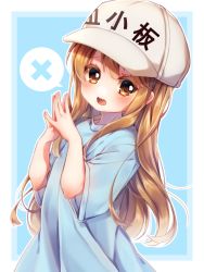 Rule 34 | 10s, 1girl, absurdres, blue background, blue shirt, blush, brown eyes, brown hair, embarrassed, hair between eyes, hat, hataraku saibou, highres, long hair, looking at viewer, open mouth, oversized clothes, own hands together, platelet (hataraku saibou), sapphire (ema-n), shirt, solo, speech bubble, white hat