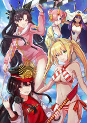 Rule 34 | &gt;:), 5girls, ahoge, bikini, black hair, blonde hair, blue bikini, blue eyes, blush, breasts, buster shirt, checkered flag, choker, cleavage, competition swimsuit, dark-skinned female, dark skin, day, double bun, earrings, facial mark, fate/apocrypha, fate/grand order, fate (series), flag, frankenstein&#039;s monster (fate), frankenstein&#039;s monster (swimsuit saber) (fate), frankenstein&#039;s monster (swimsuit saber) (first ascension) (fate), fur trim, green eyes, green hair, grin, hair between eyes, hair bun, hair intakes, hair ornament, hair over one eye, hair ribbon, hair tubes, hairband, halterneck, hat, headband, headgear, headphones, headphones around neck, highres, hood, hoodie, hoop earrings, horns, ishtar (fate), ishtar (swimsuit rider) (fate), jacket, jewelry, kelinch1, light rays, long hair, looking at viewer, medium breasts, medjed (fate), military hat, multiple girls, nero claudius (fate), nero claudius (fate) (all), nero claudius (swimsuit caster) (fate), nitocris (fate), nitocris (fate/grand order), nitocris (swimsuit assassin) (fate), nitocris (swimsuit assassin) (second ascension) (fate), oda nobunaga (fate), oda nobunaga (koha-ace), oda nobunaga (swimsuit berserker) (fate), oda nobunaga (swimsuit berserker) (first ascension) (fate), oda uri, one-piece swimsuit, open clothes, open jacket, outdoors, parted bangs, parted lips, peaked cap, pink hair, pink hoodie, pink jacket, purple eyes, purple hair, red eyes, red one-piece swimsuit, ribbon, shirt, short hair, side-tie bikini bottom, sidelocks, single horn, sky, smile, striped bikini, striped clothes, summer, swimsuit, t-shirt, tohsaka rin, twintails, two side up, v-shaped eyebrows, very long hair, weapon, white one-piece swimsuit
