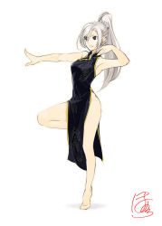Rule 34 | 1girl, arched back, armpits, barefoot, black dress, brown eyes, china dress, chinese clothes, dress, earrings, feet, fighting stance, full body, high ponytail, highres, hip focus, jewelry, legs, lips, long hair, multiple earrings, no panties, original, outstretched hand, parted lips, pelvic curtain, poaro, scrunchie, side slit, signature, silver hair, simple background, smile, solo, standing, standing on one leg, thighs, tiptoes, very long hair, white background