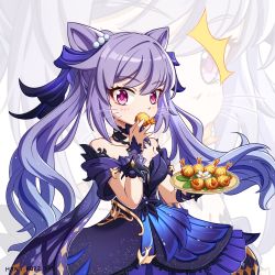 Rule 34 | 1girl, animal ears, bare shoulders, blue dress, cat ears, collarbone, commentary request, detached sleeves, dress, eating, food, food in mouth, formal, genshin impact, hair between eyes, hair ornament, highres, holding, holding food, hyny, kemonomimi mode, keqing (genshin impact), keqing (opulent splendor) (genshin impact), long hair, looking at viewer, plate, purple eyes, purple hair, shrimp, sidelocks, solo, strapless, strapless dress, surprised, twintails, whiskers, wrist cuffs