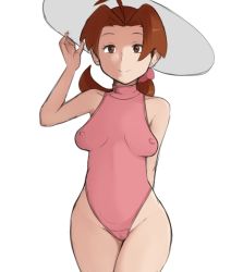 Rule 34 | 1girl, ahoge, breasts, brown eyes, brown hair, cameltoe, creatures (company), delia ketchum, female focus, game freak, hat, looking at viewer, medium breasts, mature female, nintendo, nipples, pokemon, pokemon (anime), pokemon sm (anime), rider 117, smile, solo, swimsuit
