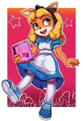 Rule 34 | 1girl, absurdres, alice (alice in wonderland), alice (alice in wonderland) (cosplay), alice in wonderland, alternate costume, alternate hairstyle, animal ears, animal nose, apron, black hairband, blonde hair, blue dress, blue footwear, body fur, border, bow, coco bandicoot, collared dress, computer, cosplay, crash bandicoot (series), dress, eyeshadow, female focus, flat chest, frilled sleeves, frills, full body, furry, furry female, gradient background, grass, green eyes, hair bow, hairband, happy, heart, highres, holding, holding laptop, laptop, long hair, looking to the side, makeup, mushroom, open mouth, orange fur, outline, outside border, pantyhose, pink eyeshadow, puffy short sleeves, puffy sleeves, red background, red lips, shiny clothes, shoes, short sleeves, sidelocks, smile, sneakers, solo, standing, star (symbol), sticker, teeth, toasty scones, two-tone fur, white apron, white border, white fur, white outline, white pantyhose