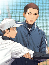 Rule 34 | 2boys, ball, baseball, baseball cap, baseball uniform, coach, day, hat, highres, holding, holding another&#039;s arm, holding ball, jacket, male focus, multiple boys, original, outdoors, pitching, playing sports, short hair, sportswear, teacher and student, tettabuzz, track jacket, very short hair