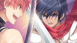 Rule 34 | 10s, 2boys, bare shoulders, black shirt, blade arcus from shining, blouse, blue hair, close-up, fighting, fringe trim, from side, game cg, glint, gradient background, hair between eyes, holding, holding sword, holding weapon, jewelry, katana, light rays, looking at another, male focus, multiple boys, necklace, open mouth, orange background, orange eyes, orange hair, out of frame, purple background, purple eyes, rage (shining blade), red scarf, rick elwood, scarf, sharp teeth, shining (series), shining blade, shining hearts, shirt, short hair, simple background, sleeveless, sleeveless shirt, sword, sword clash, teeth, tongue, tony taka, v-shaped eyebrows, weapon