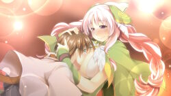 Rule 34 | 1boy, 1girl, alto travers, atelier-moo, between breasts, blush, braid, breasts, brown hair, cleavage, closed mouth, dress, embarrassed, face between breasts, green eyes, hair between eyes, hair ribbon, head between breasts, large breasts, long hair, nina lazydaisy, pink eyes, pink hair, ribbon, short hair, smile, standing, twin braids, wizards symphony