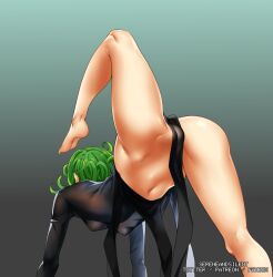 Rule 34 | 1girl, ass, bare legs, barefoot, black background, black dress, breasts, cameltoe, cleft of venus, covered erect nipples, curly hair, dress, feet, from behind, gradient background, green background, green hair, highres, long sleeves, navel, no panties, one-punch man, pelvic curtain, sereneandsilent, short hair, small breasts, soles, solo, tatsumaki, toes