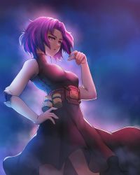 Rule 34 | 1girl, arm cannon, armpits, artist request, bare shoulders, belt, belted dress, black dress, blue hair, boku no hero academia, boots, breasts, collarbone, dress, expressionless, eyebrows, eyelashes, female focus, fingernails, gradient background, hand on own hip, hand up, highres, knee boots, lady nagant, large breasts, legs, looking down, looking to the side, medium dress, multicolored hair, neck, parted bangs, parted lips, pink eyes, pink hair, red belt, sidelocks, sleeveless, sleeveless dress, standing, thighs, turtleneck, turtleneck dress, two-tone hair, utility belt, weapon, white footwear