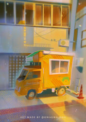 Rule 34 | absurdres, air conditioner, building, clip studio paint (medium), commentary request, creature, food truck, gwagwagwa, highres, no humans, original, outdoors, photo-referenced, pixiv username, road, scenery, shadow, sign, street, traffic cone, watermark, window
