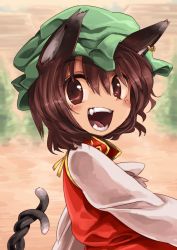 Rule 34 | 1girl, :d, animal ears, brown eyes, brown hair, cat ears, cat tail, chen, earrings, fang, fangs, from side, hair between eyes, harusame (unmei no ikasumi), hat, jewelry, long sleeves, looking at viewer, looking to the side, mob cap, multiple tails, nekomata, open mouth, short hair, single earring, smile, solo, tail, teeth, tongue, touhou, two tails, upper body