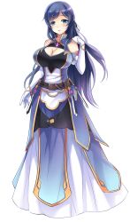 Rule 34 | 1girl, belt, blue eyes, blue hair, breasts, chain, chain bracelet, cleavage, cleavage cutout, clothing cutout, dress, elbow gloves, full body, gem, gloves, gold trim, hair ornament, half-closed eyes, hand up, highres, huge breasts, irene (master of eternity), light blush, long dress, looking at viewer, master of eternity, official art, parted lips, purple gemstone, revision, solo, tachi-e, transparent background, white gloves