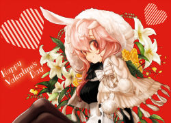 Rule 34 | 1girl, animal ears, flower, happy valentine, heart, hood, lily (flower), michi ta (masquerade), original, red eyes, rose, sitting, solo, valentine, yellow rose