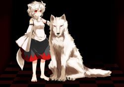 Rule 34 | 1girl, animal ears, bad id, bad pixiv id, barefoot, detached sleeves, female focus, inubashiri momiji, red eyes, short hair, solo, tail, touhou, white hair, wk (low-f), wolf, wolf ears, wolf tail