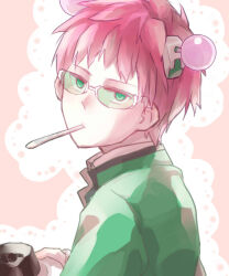 Rule 34 | 1boy, closed mouth, commentary request, fumiharu, green-tinted eyewear, green eyes, headgear, holding, holding plate, looking at viewer, male focus, pink hair, pk academy school uniform, plate, saiki kusuo, saiki kusuo no psi nan, school uniform, short hair, solo, tinted eyewear, upper body, utensil in mouth