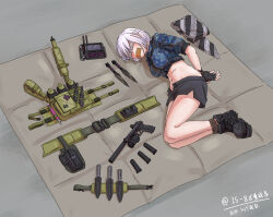 1girl ammunition_pouch angry artist_name bdsm belt beretta_92 black_footwear black_gloves black_shorts blue_shirt bondage boots bound bound_wrists breasts camouflage camouflage_shirt chest_rig covered_eyes covered_mouth defeat delta_force_(video_game) fingerless_gloves gloves glowstick green_belt gun hair_between_eyes hair_over_eyes handgun highres holster is-8_shi_zhong_zhan_che keffiyeh knife looking_at_viewer lying magazine_(weapon) medium_breasts midriff military mole mole_under_eye navel on_side patch pouch restrained second-party_source shirt short_sleeves shorts simple_background tactical_clothes unzipped weapon white_hair xiaowen_mai_(delta_force)