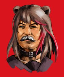Rule 34 | 1boy, animal ears, arknights, bear ears, brown hair, communism, cosplay, facial hair, highres, joseph stalin, male focus, mustache, red background, simple background, solo, thick eyebrows, what, xiniu r&amp;f (lande hua hua), zima (arknights), zima (arknights) (cosplay)