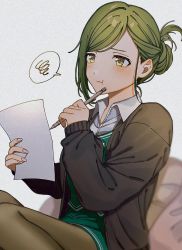 Rule 34 | 1girl, :t, black cardigan, blush, cardigan, cowboy shot, folded ponytail, green hair, holding, holding paper, holding pen, idolmaster, idolmaster shiny colors, iwawa, looking away, nanakusa hazuki, office lady, open collar, pantyhose, paper, pen, pout, simple background, sitting, sleeves past wrists, solo, speech bubble, spoken squiggle, squiggle, thighhighs, white background