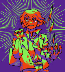 Rule 34 | 1boy, absurdres, bag, belt, blazer, collared shirt, commentary, english commentary, floating, fruiitlins, hanazawa teruki, highres, holding, holding bag, jacket, knife, levitation, limited palette, long sleeves, looking at viewer, male focus, mob psycho 100, necktie, purple background, school uniform, shirt, short hair, signature, simple background, smile, solo