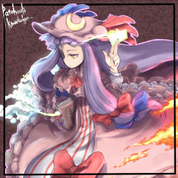 Rule 34 | 1girl, book, crescent, daitai konna kanji, female focus, hat, long hair, patchouli knowledge, purple hair, solo, spell card, touhou, yellow eyes