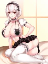 Rule 34 | 1girl, ass, azur lane, bikini, bikini top only, black bikini, breasts, choker, cleavage, closed mouth, collarbone, commentary request, detached sleeves, effort star, frilled bikini, frilled bikini top, frilled thighhighs, frills, hair between eyes, hairband, highres, huge breasts, lace-trimmed hairband, lace trim, looking at viewer, maid, maid bikini, panties, puffy short sleeves, puffy sleeves, red eyes, short hair, short sleeves, sirius (azur lane), solo, swimsuit, thighhighs, thighs, unconventional maid, underwear, white hair, white panties, white thighhighs