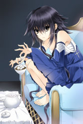 Rule 34 | black eyes, black hair, blue cross leader, blue dress, blue upholstery, coffee, couch, cup, dress, earrings, jewelry, lowres, parody, solo, squatting, sugar cube, sword girls, table, teacup, zeonix
