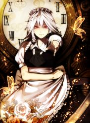 Rule 34 | 1girl, bad id, bad pixiv id, bow, braid, bug, butterfly, clock, female focus, flower, hair bow, highres, bug, irohara mitabi, izayoi sakuya, maid, maid headdress, outstretched arm, outstretched hand, red eyes, short hair, silver hair, solo, embodiment of scarlet devil, touhou, twin braids