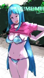 Rule 34 | 1girl, absurdres, bikini, blue hair, breasts, cleavage, clothes lift, highres, long hair, looking at viewer, me!me!me!, meme (me!me!me!), navel, one eye closed, open mouth, purple eyes, shirt lift, smile, solo, standing, striped bikini, striped clothes, swimsuit, tongue, tonotyama, underboob, very long hair