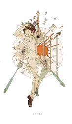 Rule 34 | 1boy, arm up, black hair, blouse, broken, broken plate, brown footwear, clematis (flower), clock, clock hands, flower, fork, full body, hair over one eye, highres, knife, male focus, neck tattoo, number tattoo, pants, plate, ray (yakusoku no neverland), roman numeral, shirt, shoes, short hair, solo, tattoo, white background, white pants, white shirt, yakusoku no neverland, zero (jckz2334)