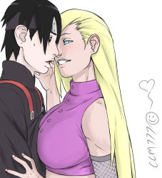 Rule 34 | absurdres, black hair, blonde hair, blush, breast on chest, breast press, breasts, coolcatman777, couple, finger to mouth, grin, highres, large breasts, long hair, naruto (series), naruto shippuuden, sai, short hair, smile, yamanaka ino