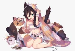 Rule 34 | ^^^, 1girl, alarm clock, animal band, animal ears, animal print, bare legs, barefoot, bell, neck bell, belt, black hair, black ribbon, blanket, bloomers, blue eyes, book, book stack, cat ears, cat print, cat tail, cellphone, clock, collar, unworn collar, crop top, hair between eyes, hand up, heterochromia, jingle bell, kai-ri-sei million arthur, long hair, looking at viewer, messy hair, midriff, million arthur (series), motion lines, navel, one eye closed, open book, open mouth, paw print, phone, ribbon, ribbon trim, scrunchie, shorts, sitting, solo, stitches, stomach, stuffed animal, stuffed cat, stuffed toy, tail, underwear, wariza, wavy mouth, white background, white shorts, wire, wrist scrunchie, x2, x x