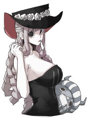 Rule 34 | 1girl, aosora2823, bare shoulders, black dress, blush, breasts, cropped torso, dress, flat color, flower, hat, hat flower, highres, kumacy, large breasts, long hair, looking at viewer, looking to the side, one piece, perona, simple background, solo, strapless, strapless dress, tongue, tongue out, upper body, very long hair, white background