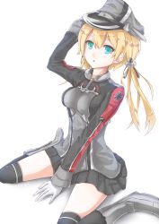 Rule 34 | 10s, 1girl, absurdres, anchor hair ornament, aqua eyes, black skirt, black thighhighs, blonde hair, breasts, cross, gloves, hair ornament, hand on headwear, hat, highres, iron cross, kantai collection, long hair, long sleeves, microskirt, military, military uniform, open mouth, over-kneehighs, peaked cap, pleated skirt, prinz eugen (kancolle), simple background, sitting, skirt, solo, thighhighs, twintails, uniform, wariza, white background, white gloves, yomi (yomi14 pyaon), zettai ryouiki, ||/