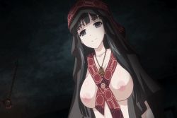 Rule 34 | 1girl, animated, animated gif, black eyes, black hair, bottomless, bouncing breasts, breasts, character request, cloak, clockup, empty eyes, euphoria (clockup), jewelry, large breasts, naked cloak, necklace, nipples, sex, talking