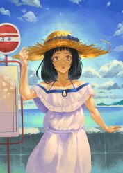 Rule 34 | 1girl, black hair, blue bow, blue sky, bow, brown eyes, day, dress, hat, hat bow, highres, looking at viewer, mikumo (lpmkookm), ocean, original, outdoors, parted lips, short hair, sign, sky, solo, straw hat, water, white dress