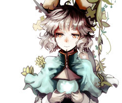 Rule 34 | 1girl, animal ears, bishamonten&#039;s pagoda, blouse, brown eyes, capelet, carrying, looking at viewer, mouse ears, nazrin, plant, sasurai susuki, shirt, short hair, silver hair, simple background, solo, touhou, upper body, vines, white background