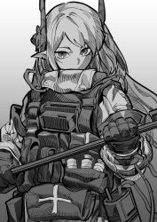 Rule 34 | 1girl, arknights, coat, gloves, greyscale, highres, holding, holding weapon, horns, hu tu, load bearing vest, long hair, long sleeves, looking at viewer, monochrome, mudrock (arknights), pointy ears, pouch, sidelocks, smoke grenade, solo, standing, upper body, weapon
