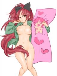 Rule 34 | 10s, 1girl, agawa ryou, bad id, bad tumblr id, bottomless, breasts, censored, chibi, coat, commentary request, dakimakura (object), fang, hair censor, hair ribbon, heart, heart censor, kaname madoka, knees together feet apart, long hair, looking at viewer, mahou shoujo madoka magica, mahou shoujo madoka magica (anime), naked coat, navel, nipples, open clothes, open shirt, pillow, pink eyes, pink hair, ponytail, red eyes, red hair, ribbon, sakura kyoko, shirt, simple background, sketch, solo, very long hair, white background