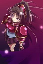 Rule 34 | 1girl, armor, armored dress, bad id, bad pixiv id, brown hair, cape, doppelganger arle, from above, gloves, half updo, madou monogatari, purple background, puyopuyo, red armor, red eyes, short hair, skirt, smile, solo, zetsuei (zetto)