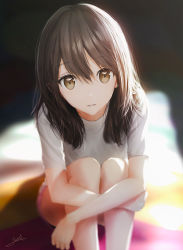 Rule 34 | 1girl, blurry, blurry background, brown eyes, brown hair, highres, knees up, legs together, long hair, looking at viewer, ojay tkym, original, parted lips, shirt, short sleeves, sitting, solo, sunlight, white shirt