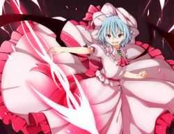 Rule 34 | &gt;:d, 1girl, :d, ahoge, akagashi hagane, ascot, bat wings, blue hair, dress, fang, frilled dress, frills, hat, hat ribbon, huge ahoge, mob cap, open mouth, pink dress, pink eyes, pointy ears, polearm, puffy short sleeves, puffy sleeves, red eyes, remilia scarlet, ribbon, short hair, short sleeves, slit pupils, smile, solo, spear, spear the gungnir, touhou, v-shaped eyebrows, weapon, wings