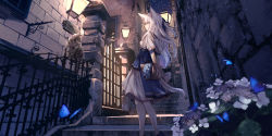 Rule 34 | 1girl, alley, animal ears, arms behind back, bouquet, braid, bug, butterfly, cat, cat ears, city, dark, fantasy, flower, hair ribbon, highres, bug, lantern, light particles, long hair, looking at another, night, night sky, original, profile, puffy short sleeves, puffy sleeves, railing, red eyes, ribbon, sagiri (ulpha220), scenery, short sleeves, side braid, sign, skirt, sky, solo, stairs, star (sky), white hair