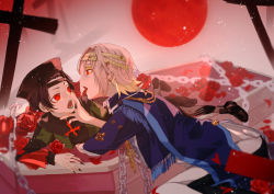 Rule 34 | 2boys, androgynous, bandana, blonde hair, brown hair, chain, coffin, cross, earrings, fangs, flower, hat, highres, incest, jack mouton, jewelry, looking at another, male focus, multiple boys, open mouth, piry, red eyes, red flower, red rose, robin laffite, rose, short hair, siblings, stud earrings, twins, vampire, visual prison