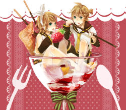 Rule 34 | 1boy, 1girl, brother and sister, cup, food, fruit, ice cream, in container, in cup, in food, kagamine len, kagamine rin, mini person, minigirl, pocky, sakuragi kei, siblings, strawberry, twins, vocaloid
