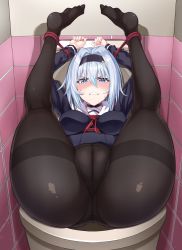 Rule 34 | 1girl, absurdres, angry, ass, ass focus, bdsm, black pantyhose, blush, bound, cameltoe, cleft of venus, clenched teeth, dress, folded, forced, greyscale, hair between eyes, hair intakes, hair ornament, hairband, highres, ijima yuu, indoors, legs up, looking at viewer, monochrome, panties, pantyhose, restrained, ryuuou no oshigoto!, sailor dress, school uniform, short hair, silver hair, sitting, skirt, snowflake hair ornament, sora ginko, teeth, tied up, toilet, underwear, upskirt