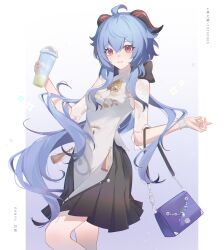 Rule 34 | 1girl, absurdres, ahoge, bag, bell, black skirt, blue hair, blush, bow, breasts, cup, disposable cup, ganyu (genshin impact), ganyu (heytea) (genshin impact), genshin impact, handbag, highres, holding, holding cup, horns, lin zhi mao, long hair, looking at viewer, low ponytail, medium breasts, neck bell, official alternate costume, purple bag, purple eyes, see-through, see-through sleeves, shirt, sidelocks, skirt, smile, solo, standing, white wristband